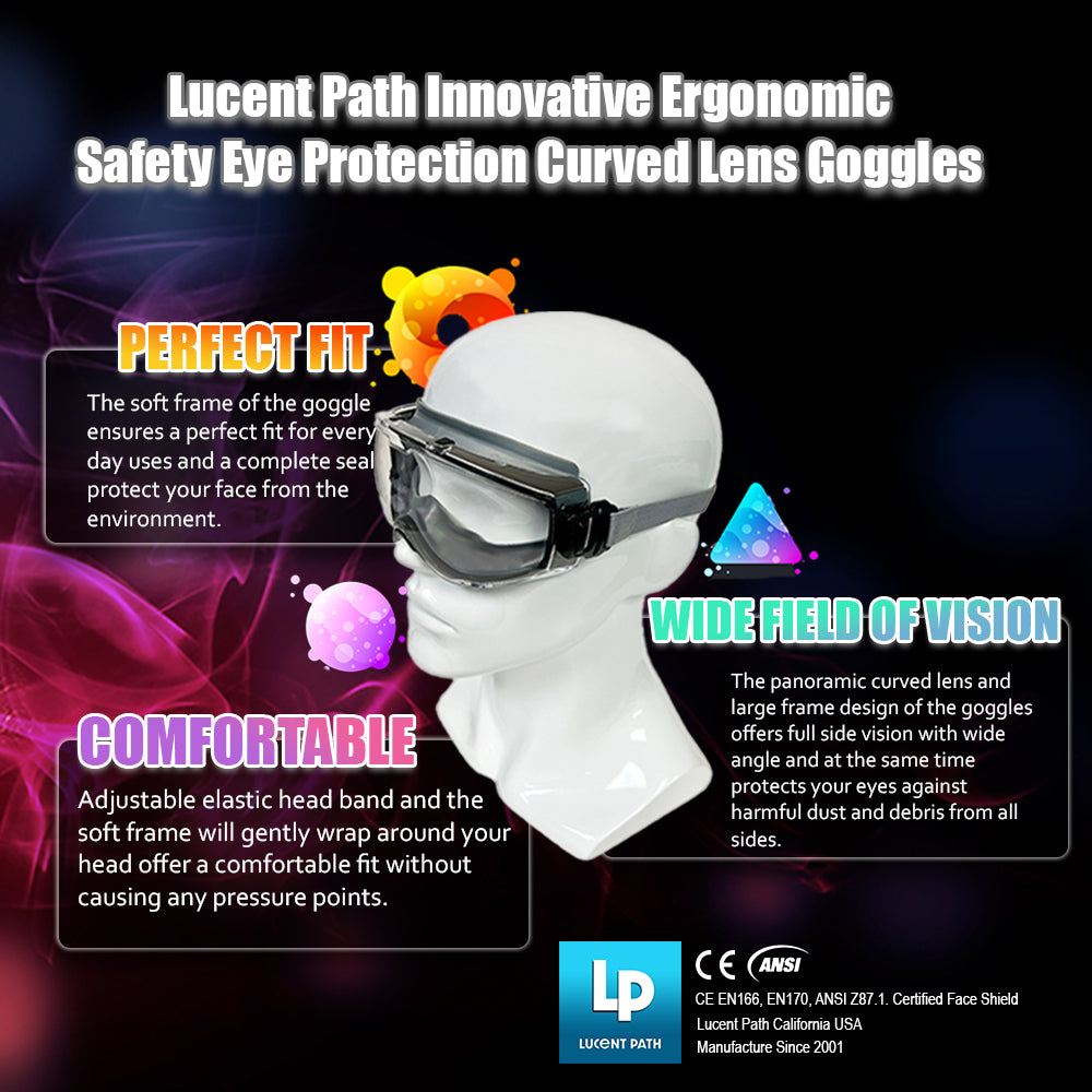 Lucent Path Safety Goggles Clear Anti-Fog Anti-Scratch Lens, CE EN ANSI Z87.1 Approved Ergonomic Eye Protection Goggles Fit Over Glasses