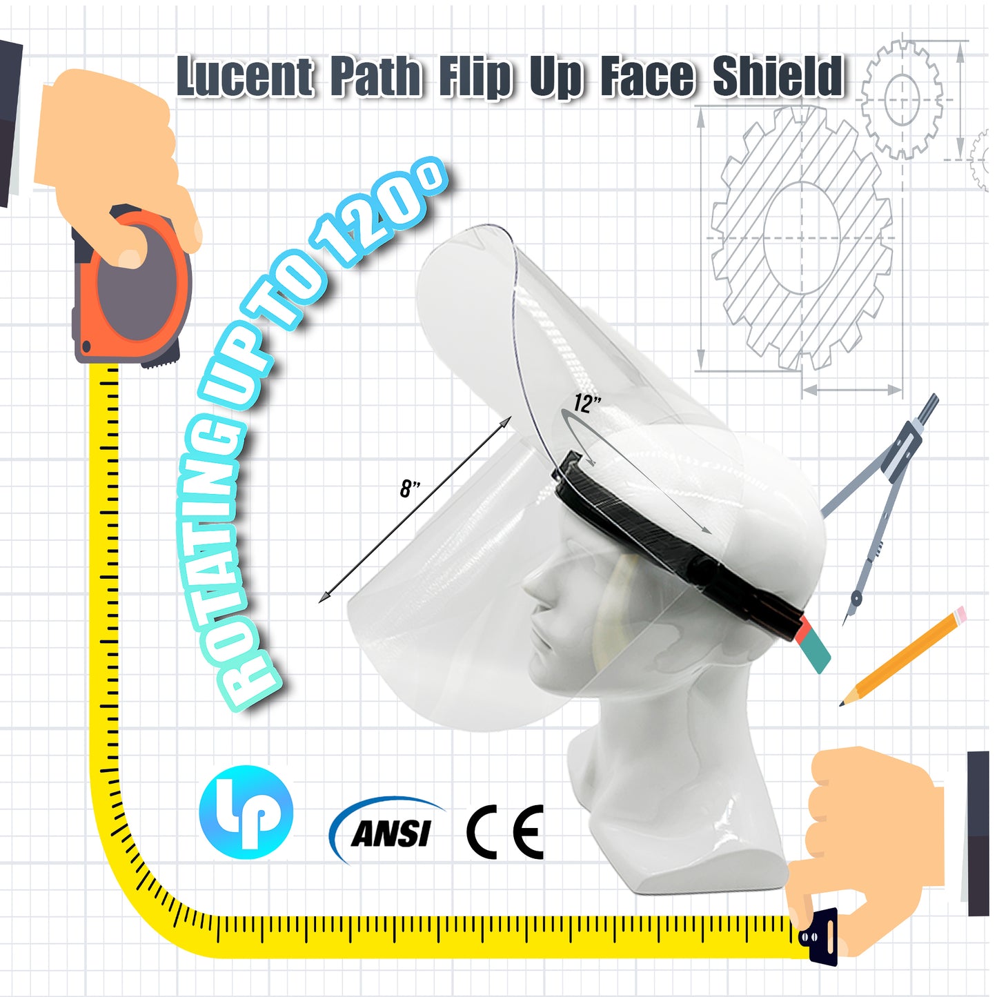 5 Packs ANSI CE Certified Reusable Lift Up Protective Safety Clear Visor Face Shield with an Adjustable Headband