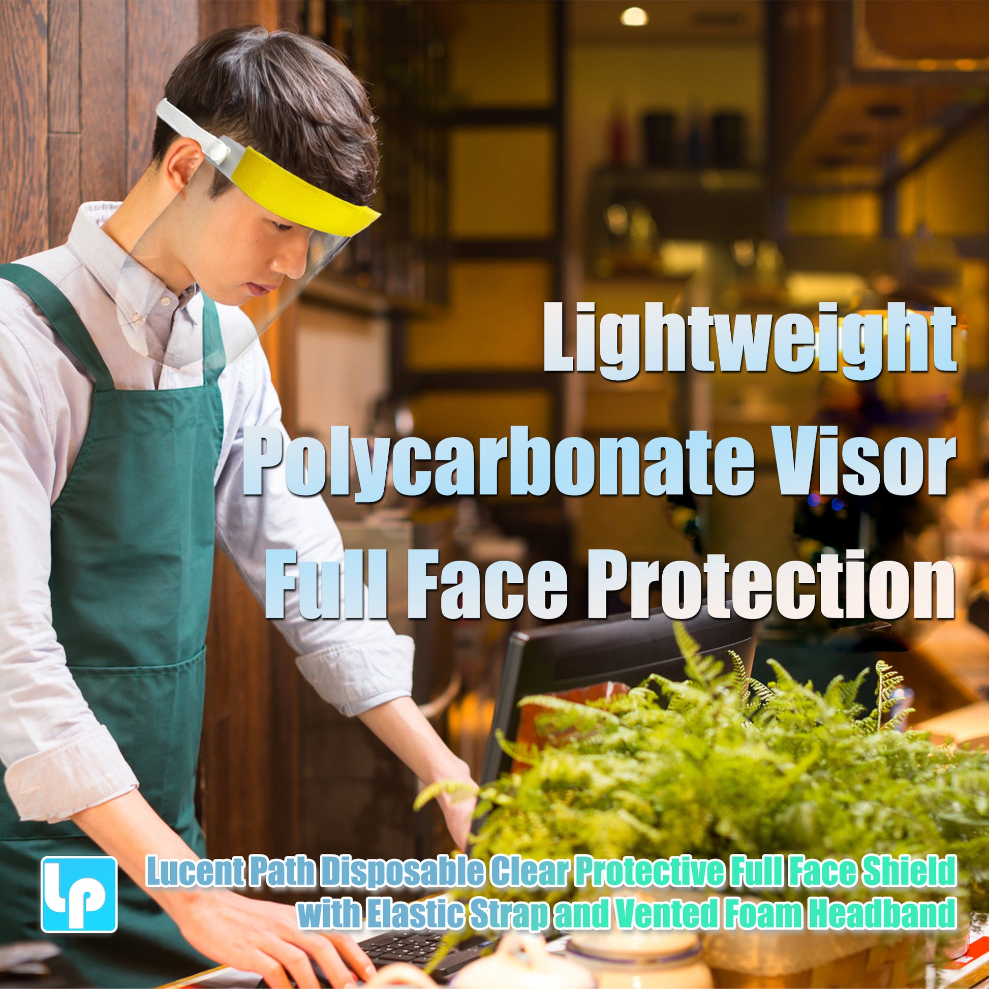 Lucent Path Disposable Clear Protective Full Face Shield with Elastic Strap and Vented Foam headband